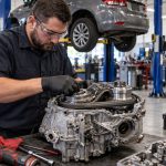 Técnico automotriz trabajando en una transmisión CVT abierta sobre una mesa de taller, con componentes internos visibles y un vehículo elevado al fondo.